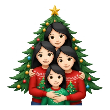Generate Christmas-style emojis  family. Where light-skinned people stand near the tree all together, hugging and smiling. One girl should be light-skinned with black long hair. Add 4 people: Mother, Sister, Sister, Brother sticker