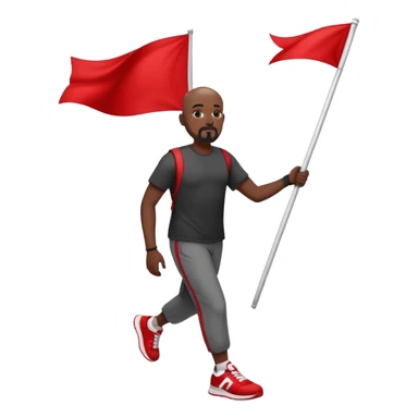 Bald black man with a white goatee in sneakers carrying a red flag sticker