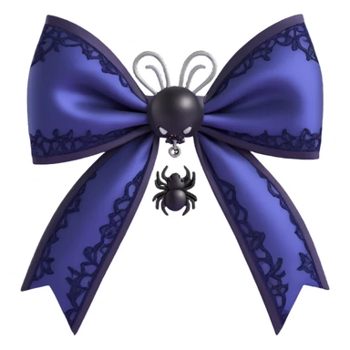 3D emoji gothic bow, dark indigo satin, black lace overlay, silver spider charm, moody and elegant sticker
