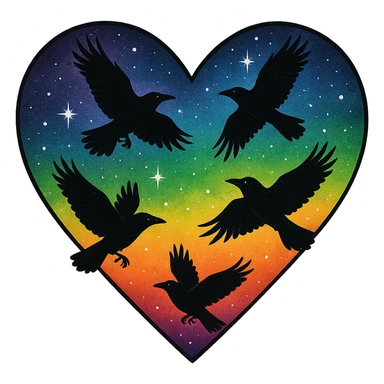  heart with rainbow night sky and dark ravens, remove background sticker