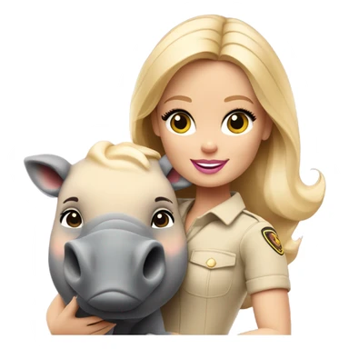 Blonde zookeeper Barbie with brown eyes, long shiny blonde hair, with a baby rhinoceros sticker