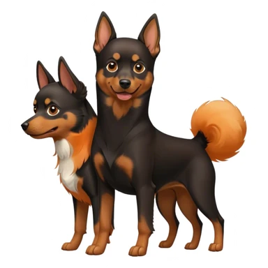 Doberman Pinscher and Pomeranian Spitz standing side by side. The Doberman has a sleek black and tan coat with alert ears, while the Pomeranian has a fluffy orange coat and a joyful expression. Beautiful natural background, with a clear blue sky and green grass. Transparent background. sticker