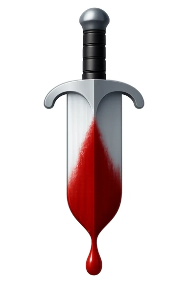 Make the sword blade 50% wider while keeping all other proportions and details the same. The blood should cover the entire bottom half of the blade, appearing wet and realistic. Keep the sword perfectly vertical with a steel finish. Render in emoji style with a transparent background. sticker