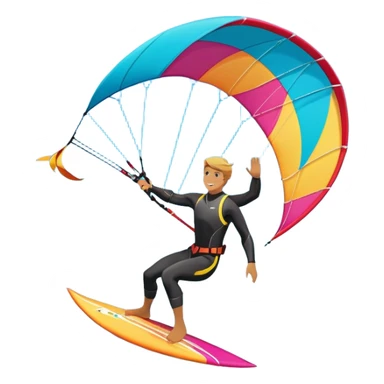A kitesurfer soaring through the sky, harnessing the wind on a bright, colorful kite. The scene shows the surfer gliding over the water with the kite above, emphasizing the freedom, speed, and thrill of the sport in a dynamic coastal setting. sticker