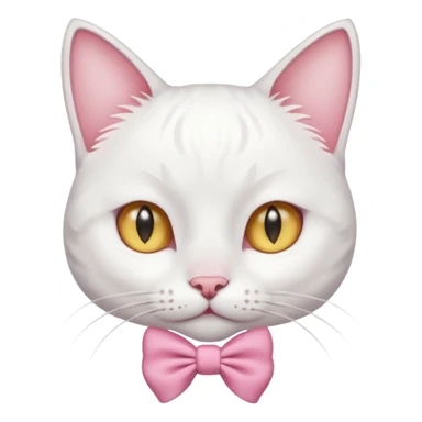 white cat sitting and she has a pink small bow on her right ear,she has golden eyes,she's fully white,even her ears,the only color is the pink small bow on her right ear,the cat is small sticker