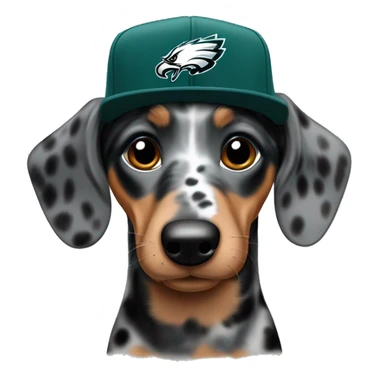 Miniature Blue Merle  Light Tri Brown Black and Gray Spotted Dachshund wearing Philadelphia Eagles Hat with C on it sticker