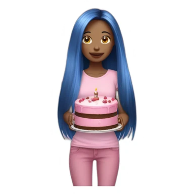 Thin fair girl with little long face and black long straight hairs in baby pink top and blue straight fit jeans holding a cake  sticker