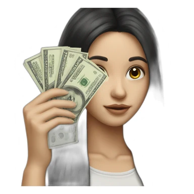 hyperrealist caucasian girl black long hair holding money sticker
