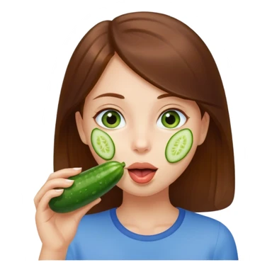 I want a brown hair blue eyes girl emoji, sucking a cucumber and holding two more in her hands. Make here licking a cucumber  sticker