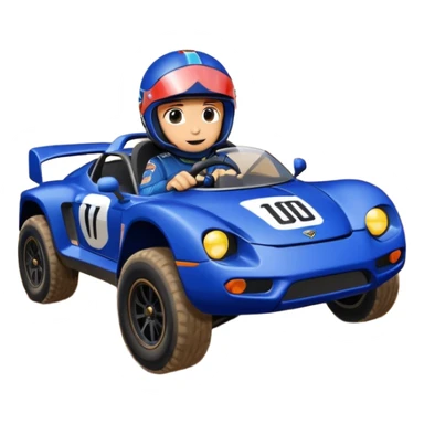 Dirty Joke’s Midnight-blue Local Motors Rally Fighter off road race car being driven by a cayman , sitting in the driver’s seat, over a dirt ramp  sticker