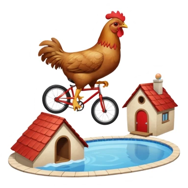 A chicken laying an egg on top of a dog’s head while riding a unicycle on top of a slanted house on top of a pool sticker