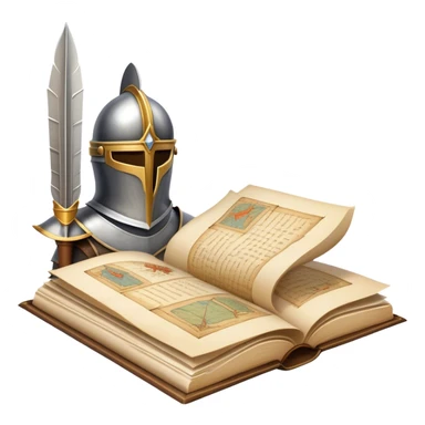 Icon for Historical Fiction Reading: an open book with pages showing ancient scrolls, a quill, a knight's helmet, and a parchment map. The icon should evoke the adventure and grandeur of historical settings and storytelling. Transparent background. sticker