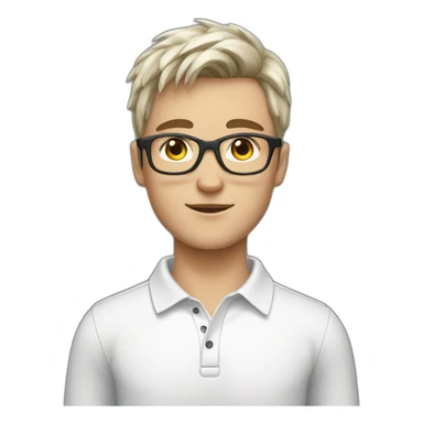 young white European guy with a white polo and black hairs and grey glasses sticker