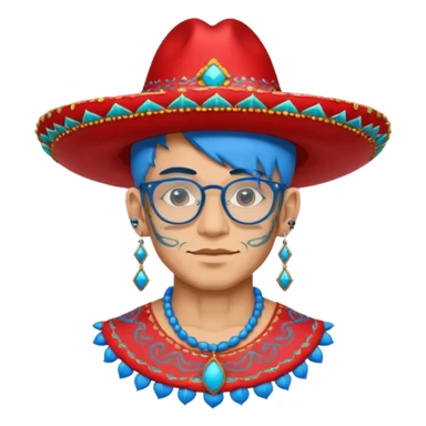 unique looking tourist with big unique red tourist sombrero and earrings, man with lots of tattoes and spectacles, blue hair showing sticker