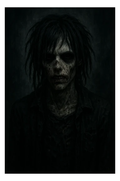 emo zombie boy with black shaggy dreads, medium long, dark and spooky, creepy expression sticker