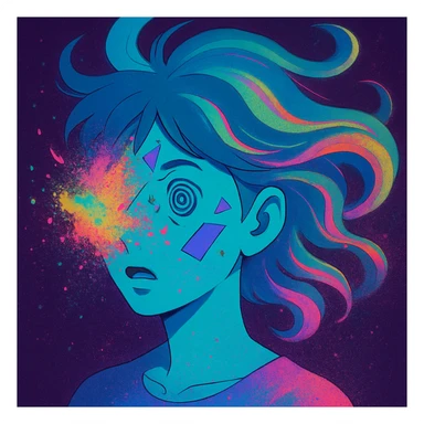 surreal portrait, neon skin, dissolving face with airbrush color explosion, hair as liquid color swirls like aurora, spiral eyes, geometric shapes breaking through face, paint spray effect, acid purple, turquoise, electric pink, smooth blending, dynamic movement sticker