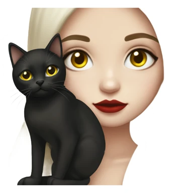 A teenage girl with white skin, she have some green hazel eyes, red lipstick, long straight dark brown hair, she have an eyeliner and she is holding a black cat that have some yellow eyes , view from close sticker