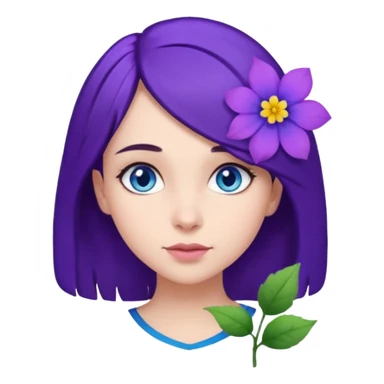 Create a girl of European appearance who looks sideways with dark brown hair, blue eyes and a purple hair flower sticker