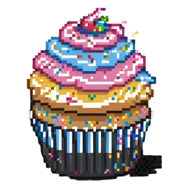 large cupcake with pink frosting and rainbow sprinkles in pixel art style sticker