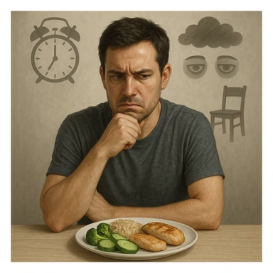 30-year-old thoughtful man sitting at a table in front of a healthy plate with vegetables, brown rice, and chicken, with a suspicious and worried expression towards the food. Behind him, transparent and blurred symbols: an alarm clock (stress), dark clouds (repressed emotions), dark circles under eyes (insomnia), and an empty chair (sedentary lifestyle). Neutral atmosphere, realistic style with a symbolic touch. sticker