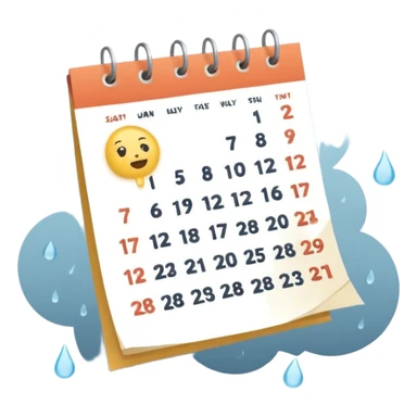 Minimalist emoji of a tilted, crumpled calendar page with faint, incomplete checklist marks, a small rain cloud dripping above it, and a dim, muted colour palette to symbolise a productivity slump and lost discipline. Flat vector style, soft shadows, transparent background sticker
