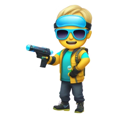 Caucasian boy in glowing rave gear with sunglasses and mask and headlamp and shooting a bubble gun sticker
