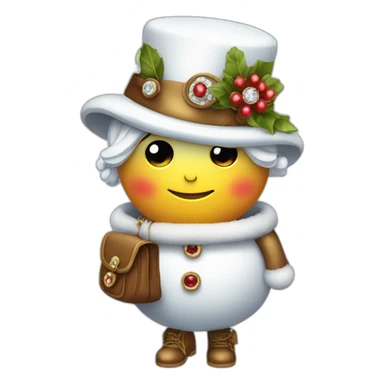 snow woman with designer top hat eyes and buttons are made of precious gems holding a purse in stick arms with a back pack on sticker