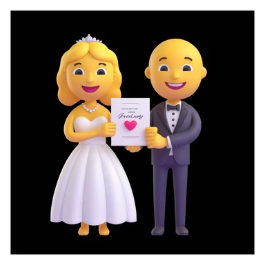 apple-style 3D emoji character holding a wedding invitation with both hands, cute and minimal, soft shadows, white background, high-resolution, emoji face smiling gently, pastel color palette sticker