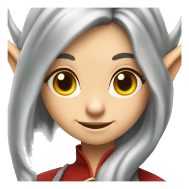 A young female elf with gray long hair, yellow eyes and red dragon horns and a sly smile sticker