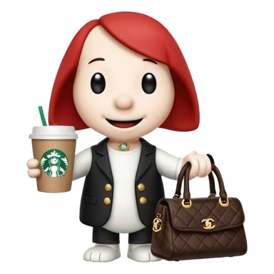 snoopy in a desk with starbucks and his chanel purse sticker