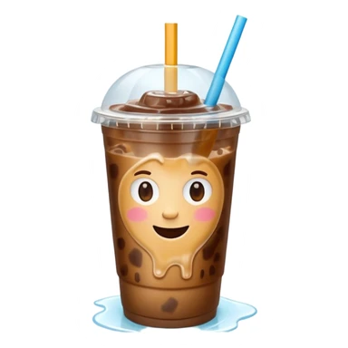 A 3D cartoon plastic cup of iced coffee with straw, clear lid, ice cubes floating, realistic condensation, bright sunlight, Memoji-style. sticker