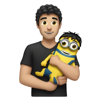 white male, black hair hugging and holding a minion with green eyes sticker