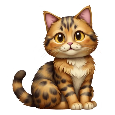 cinematic-[tortoiseshell tabby cat]-realistic-full-body-sitting-emoji,-tail-curled-playfully-around-its-paws,-head-tilted-dramatically,-scruffy-[tortoiseshell coloured]-fur,-simplified-yet-realistic-focused-features,-highly-detailed,-glowing-with-an-almost-sarcastic-glow sticker