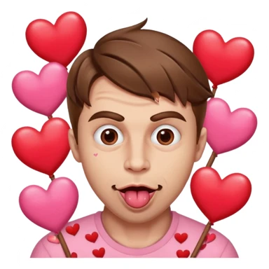 A cross eyed man with brown hair goon face their tongue out far with Valentine’s Day decor/hearts around eyes facing different directions sticker