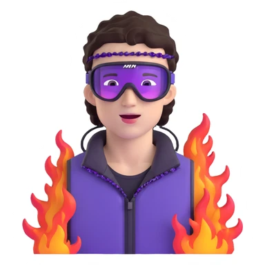 close-up of cool guy male athlete with white skin and moderately curly dark brown hair on top with shaved sides, with one purple ski goggle lens pushed up above his eyes on his forehead, sticking his tongue out of his mouth, a simple plain black chain necklace, and a completely unzipped sleeveless vest with purple and black sequin fire pattern design with no logo sticker