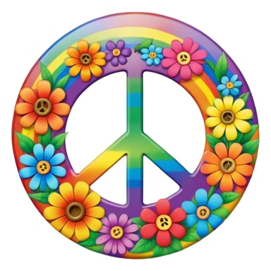 A round psychedelic colored button with the word Peace in the center surrounded by rainbow colored hippie style flowers sticker