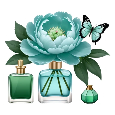 A delicate arrangement of pale blue peonies and a translucent green  butterfly near a deep green color perfume bottle.    sticker