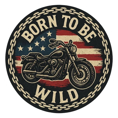 circular motorcycle cap design with transparent background, text 'Born to be wild', motif: motorcycle, chain, American flag, USA style sticker
