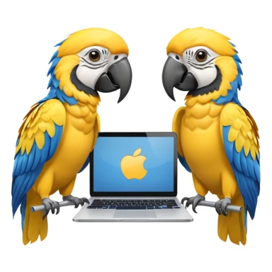 Two yellow and blue macaws using a laptop sticker
