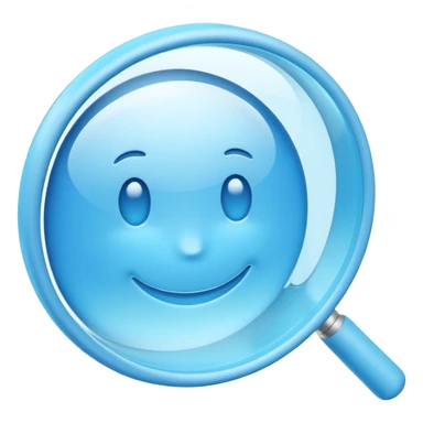 A 3D emoji-style magnifying glass, smooth rounded shapes, soft gradient blue ring, glossy plastic material, subtle highlights and reflections, simple minimal design, pastel blue color, slightly thick proportions, soft lighting, clean white background, modern emoji aesthetic, centered composition sticker