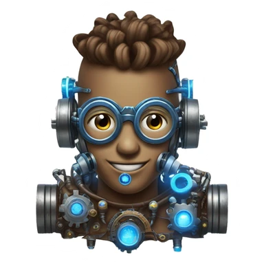 Brown cyborg head with blue Mohawk, blue beard, silver steampunk monocle goggles a smile and circuits sticker