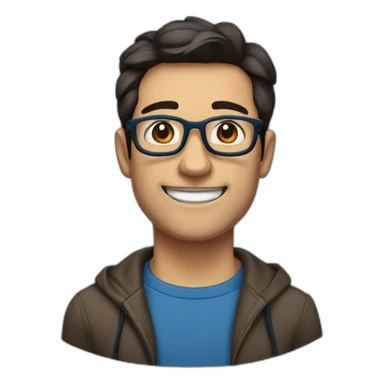 man with a tooth at the top right, with dark brown hair parted to the right with thin dark blue and black glasses, he has slightly protruding ears sticker