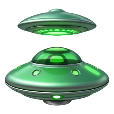 UFO flying saucer, green lights, cartoon sci-fi emoji, no background sticker