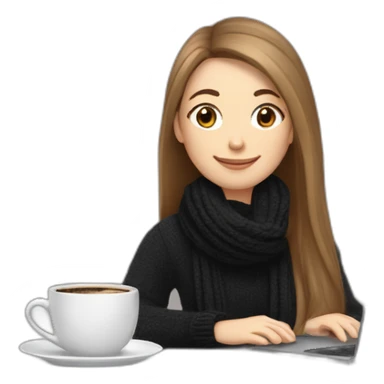 eyes closed smiling woman with pale skin brown long straight hair behind a laptop and a large coffee mug wearing a black woolly shirt and a black woolly scarf sticker