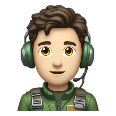 A young white male tennager with dark brown hair and brown eyes in a pilot suit and wearing a green Pilot headset sticker