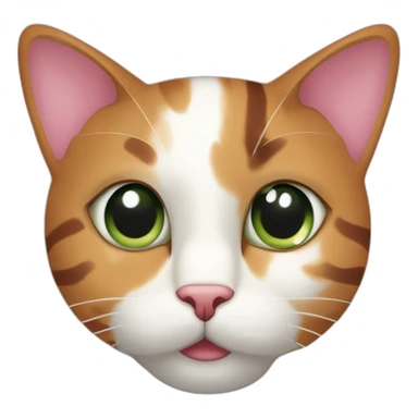 young striped calico cat face with a pink nose, white chin, green eyes, and orange/brown markings sticker