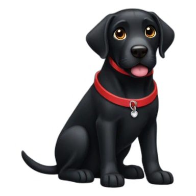 A black dog labrador with a red collar sticker