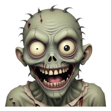 Cinematic Comical Zombie Portrait Emoji, with a grotesquely exaggerated yet playful decaying face in muted ashen tones, head cocked in a dramatically shocked expression with wildly comical, googly eyes and a gaping, silly grin revealing quirky stitches, simplified yet hilariously expressive, highly detailed with a soft eerie glowing outline capturing the absurd humor of a zombie in comic disbelief! sticker