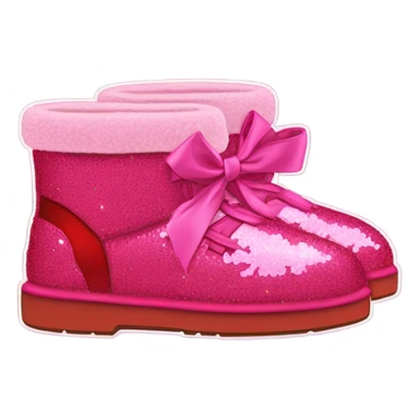 Realistic isolated of Red Ugg Fur Boots laced up with pink silk ribbon bows and hot pink and light pink sequin heart shaped patches sewn onto them. sticker