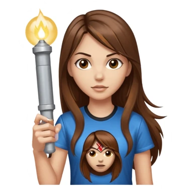 a female with long straight brown hair and brown eyes wearing a iron maiden shirt holding a flashlight  sticker